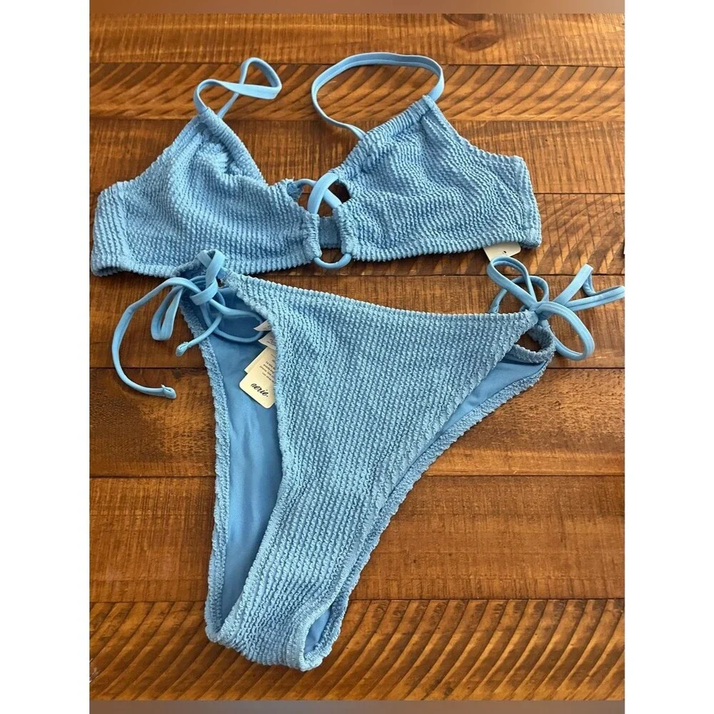 NWT Aerie FULL SET Shimmery Crinkle Lace Up Scoop Top + Tie Bottoms Blue - Sz L